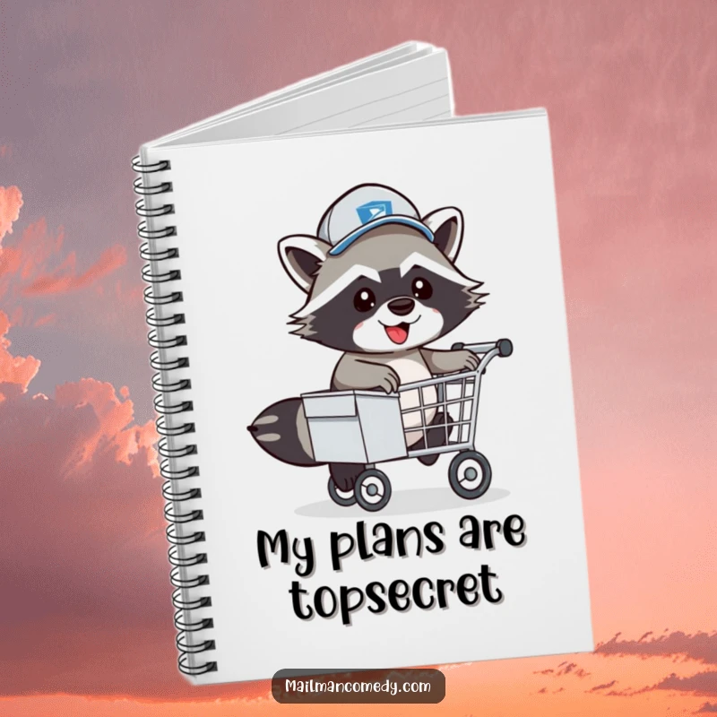 Funny Raccoon Mail Carrier Notebook: An energetic raccoon mail carrier in a hat hopping over a mail cart.