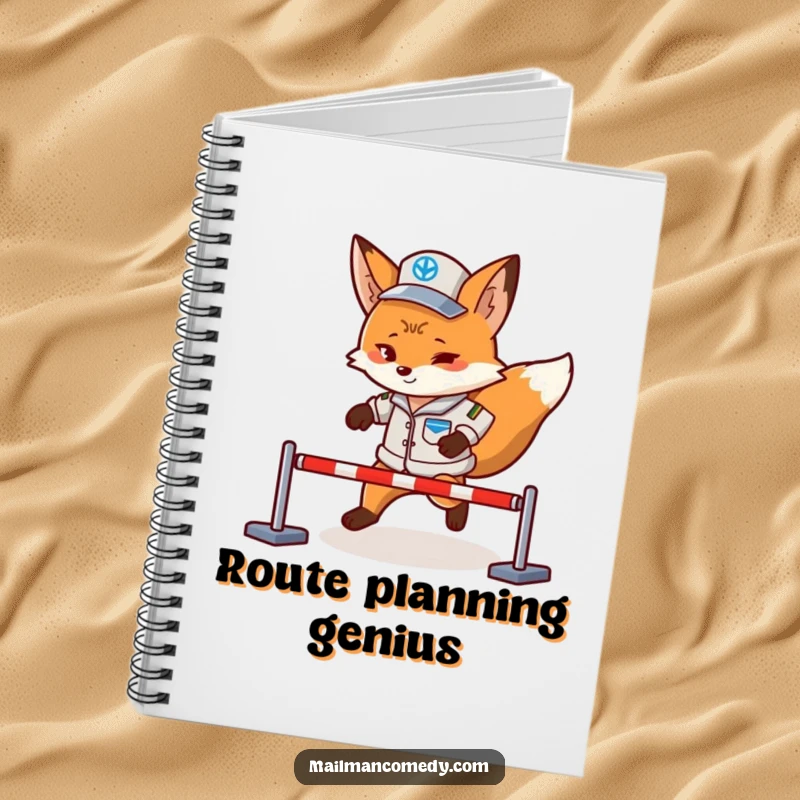 Funny fox mail carrier, focused on a mini obstacle course, ready to deliver insights on this humorous notebook cover.