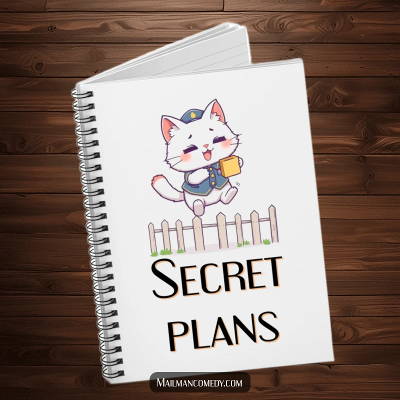 Funny notebook cover featuring a fluffy cat in a uniform, leaping over a fence with a package, perfect for journaling.