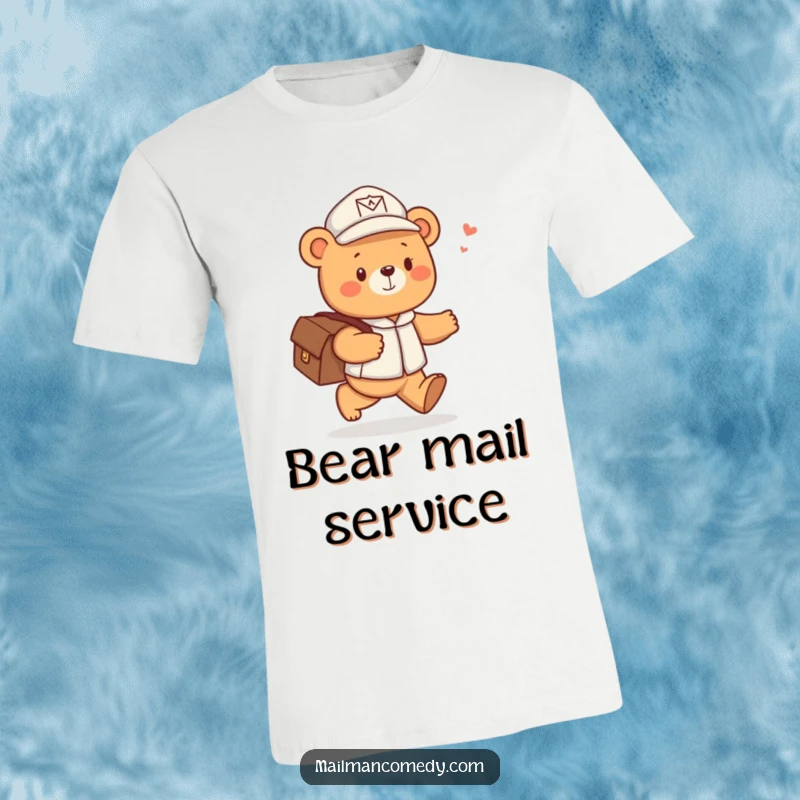 Funny t-shirt depicting a cute bear in a mail carrier hat, skipping joyfully with a satchel full of letters.
