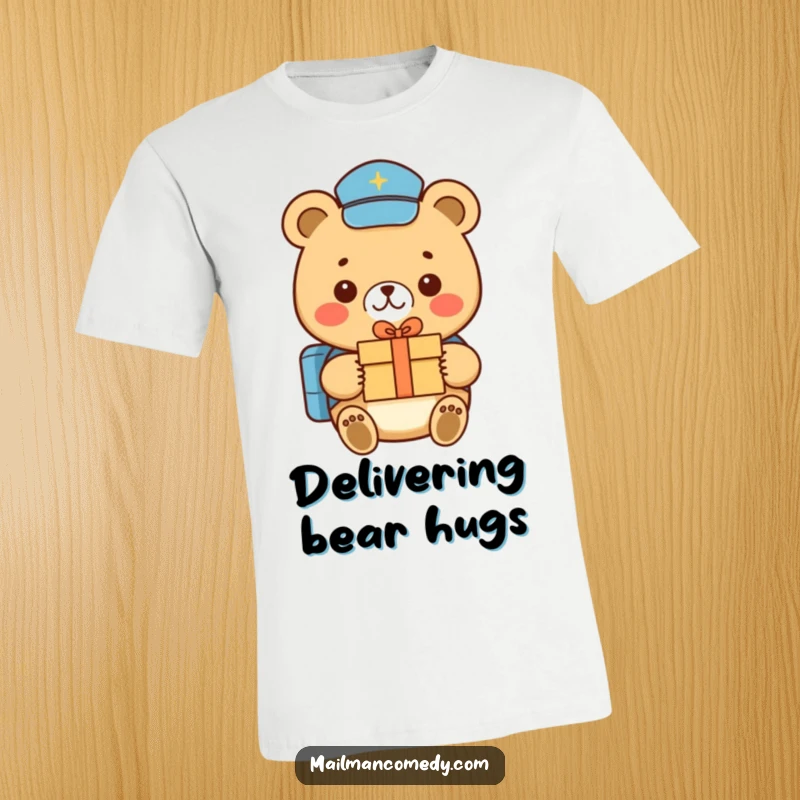 Funny bear mail carrier, smiling warmly while delivering a small gift box, printed on a comfortable and humorous t-shirt.