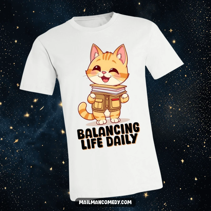 Funny t-shirt with a giggling cat in a mail carrier vest, balancing a stack of letters on its nose, a humorous feat.