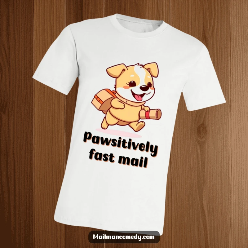 Funny t-shirt with a playful dog wearing a mail bag, happily running with a rolled-up package, a symbol of happy delivery.