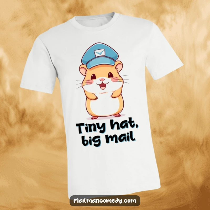 Funny hamster mail carrier t-shirt featuring a happy rodent with a cap, balancing letters on its head.