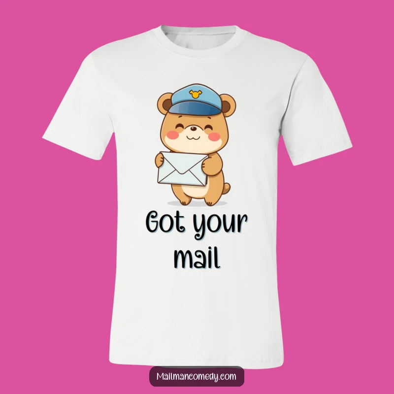 Funny Postal Bear T-Shirt: Smiling Delivery, Envelopes Stacked, Humorous Style!