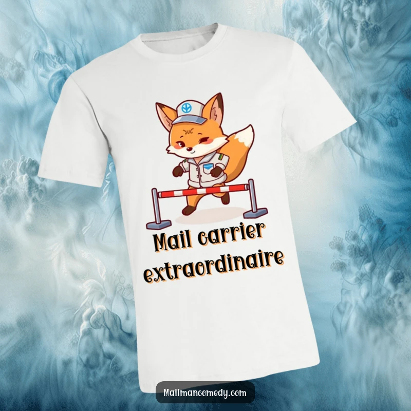 Funny fox mail carrier in uniform, mid-jump over an obstacle, with a determined expression, printed on a humorous t-shirt.