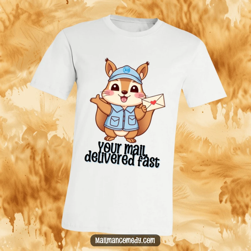 Funny Squirrel Mail Carrier T-Shirt: A cheerful squirrel in a mail carrier uniform excitedly waving a letter.