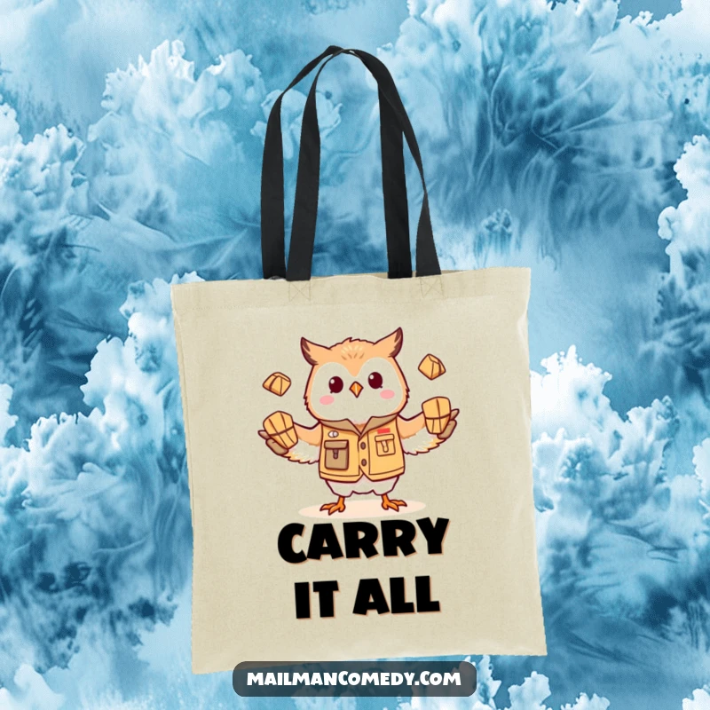 Funny owl mail carrier, expertly juggling small parcels, depicted on a durable and amusing tote bag.