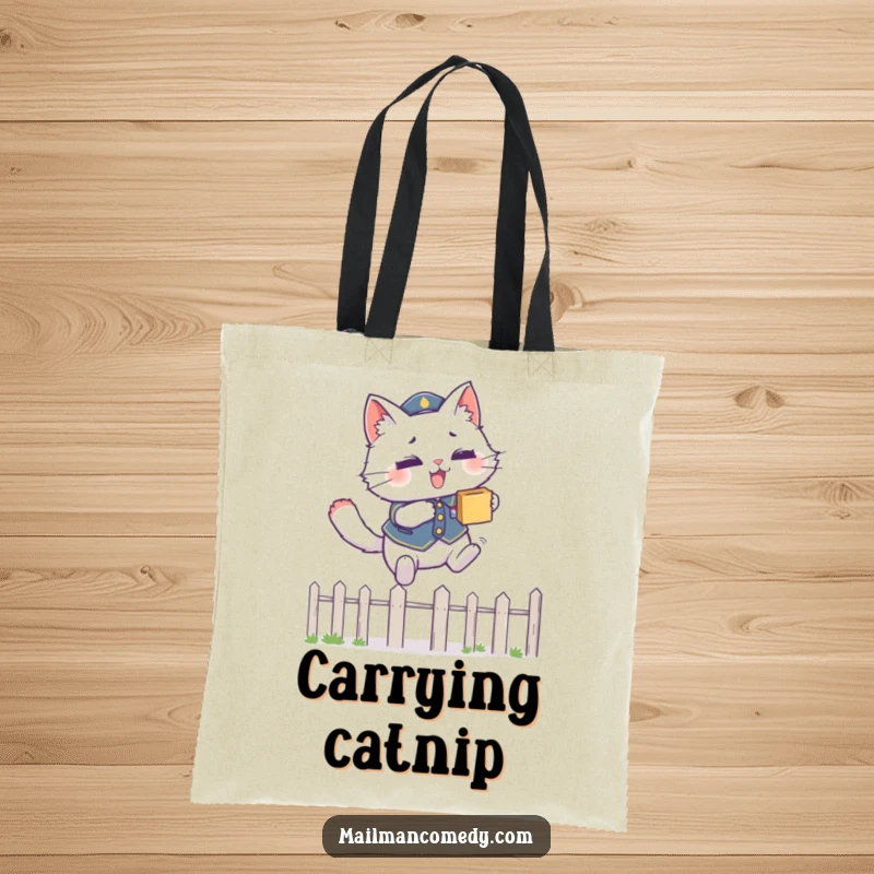 Funny courier cat tote bag featuring a fluffy cat in a uniform, leaping over a fence with a package, perfect for errands.