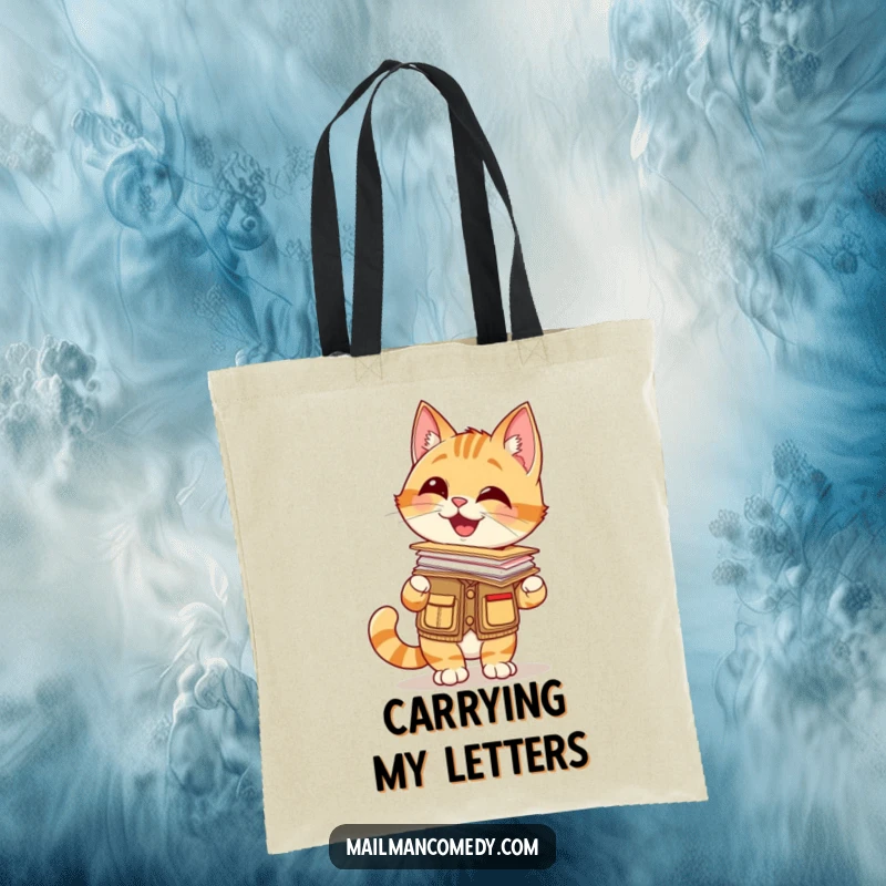 Funny tote bag with a giggling cat in a mail carrier vest, balancing a stack of letters on its nose, for everyday charm.