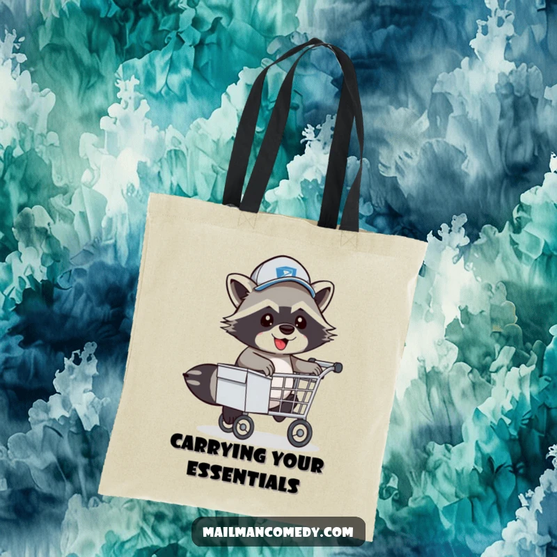 Funny Raccoon Mail Carrier Tote Bag: A cheerful raccoon in a mail carrier hat hops over a mail cart.