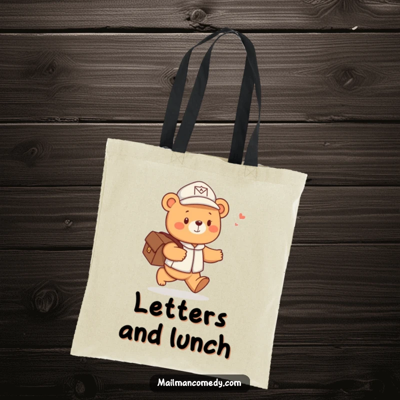 Funny tote bag featuring a cute bear mail carrier cheerfully skipping with a satchel full of letters, perfect for carrying daily items.