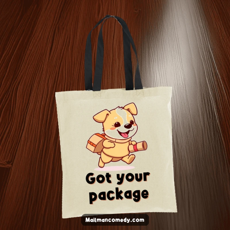 Funny tote bag with a playful dog wearing a mail bag, happily running with a rolled-up package, for all your needs.