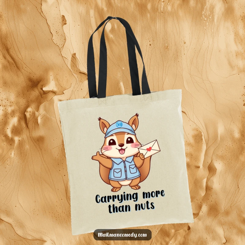 Funny Squirrel Mail Carrier Tote Bag: A cheerful squirrel mail carrier waving a letter excitedly.