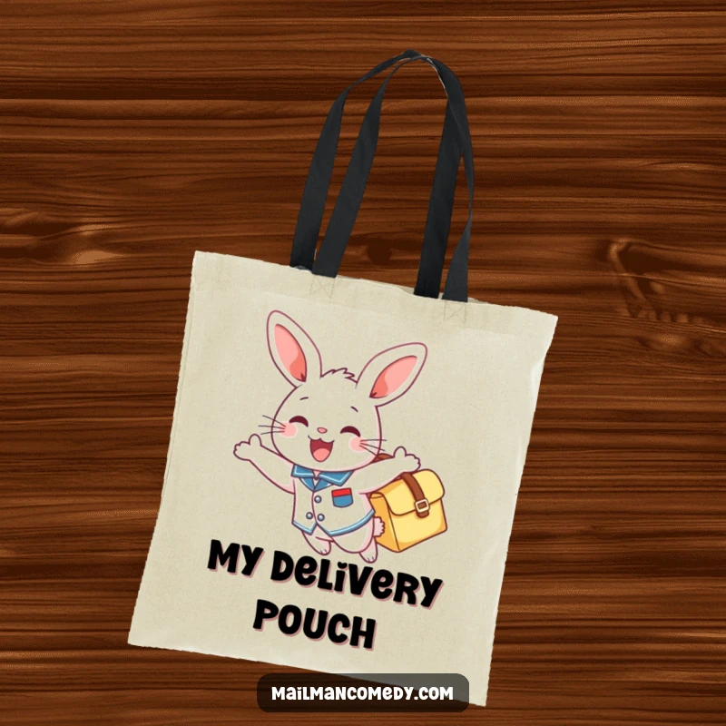 Funny mail bunny tote bag featuring a cheerful bunny in a uniform, gleefully soaring with a mailbag, perfect for carrying items.